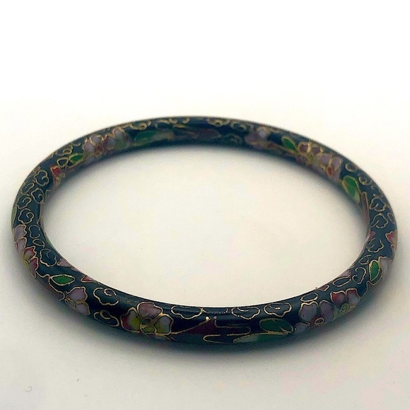 VTG Chinese Cloisonné Black Pink Green Enamel Floral Bangle 7.7”/ 2.4” Diameter - Picture 2 of 6